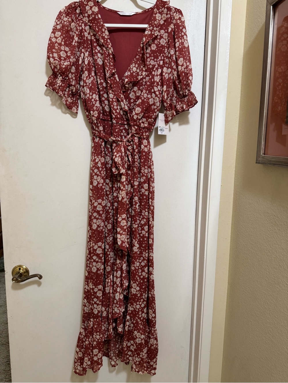 Rust Red Floral High-Low Wrap Dress with Tie Waist